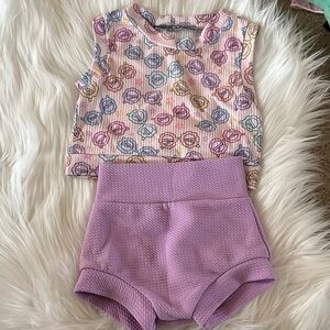 Colorful Patterned Top and Purple Shorts Set